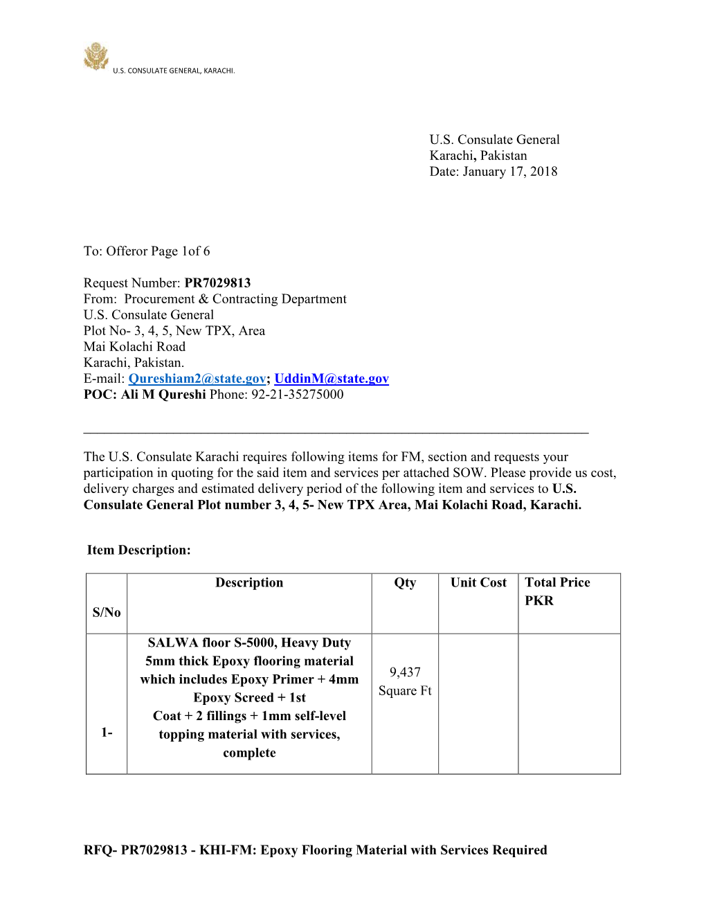 RFQ- PR7029813 - KHI-FM: Epoxy Flooring Material with Services Required