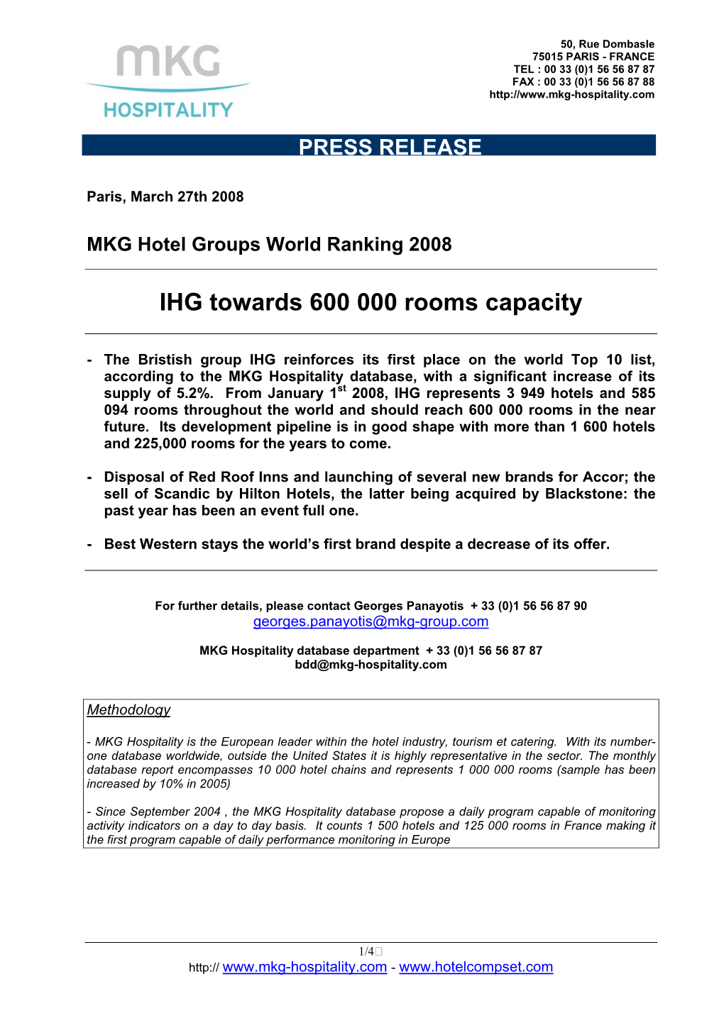 MKG Hotel Groups World Ranking 2008 IHG Towards 600 000 Rooms