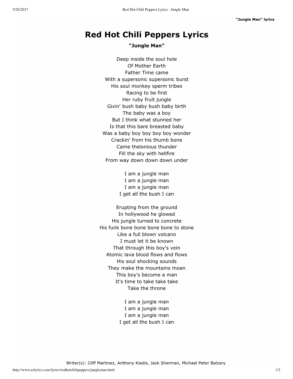 Red Hot Chili Peppers Lyrics - Jungle Man