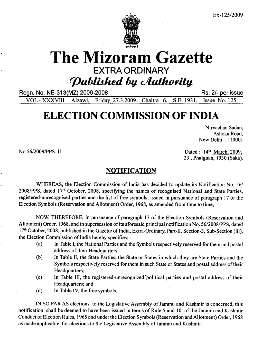 The Mizoram Gazette EXTRA ORDINARY Rpuhlithul Bv ~ Regn