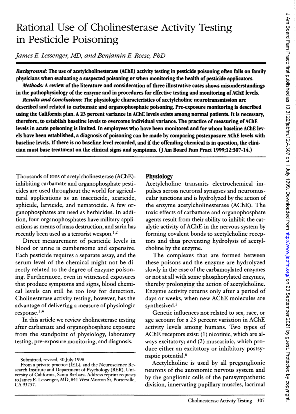 Rational Use of Cholinesterase Activity Testing in Pesticide Poisoning