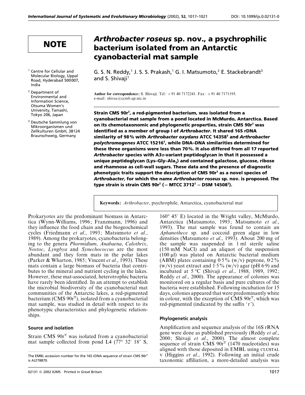 Arthrobacter Roseus Sp. Nov., a Psychrophilic Bacterium Isolated