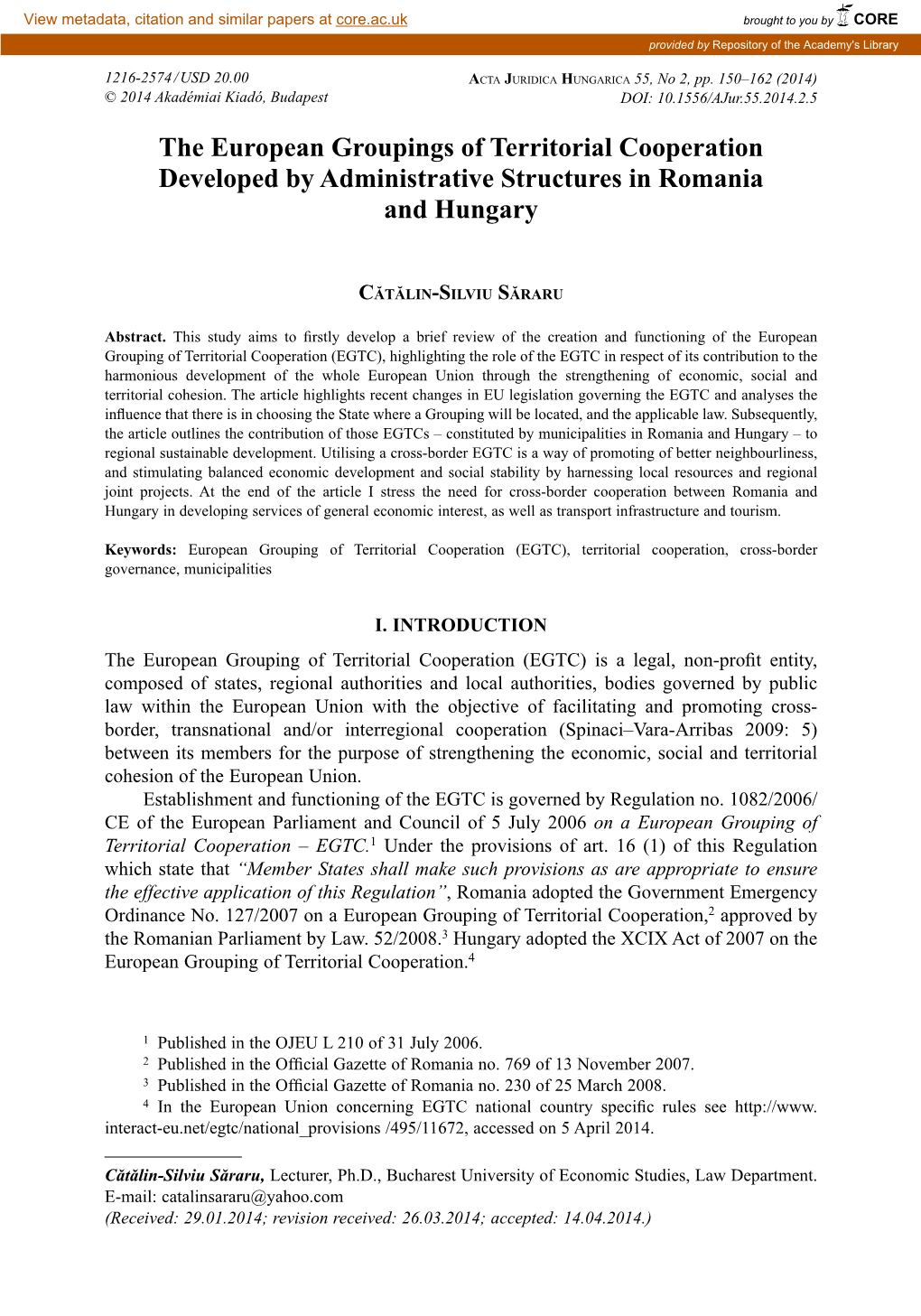 The European Groupings of Territorial Cooperation Developed by Administrative Structures in Romania and Hungary