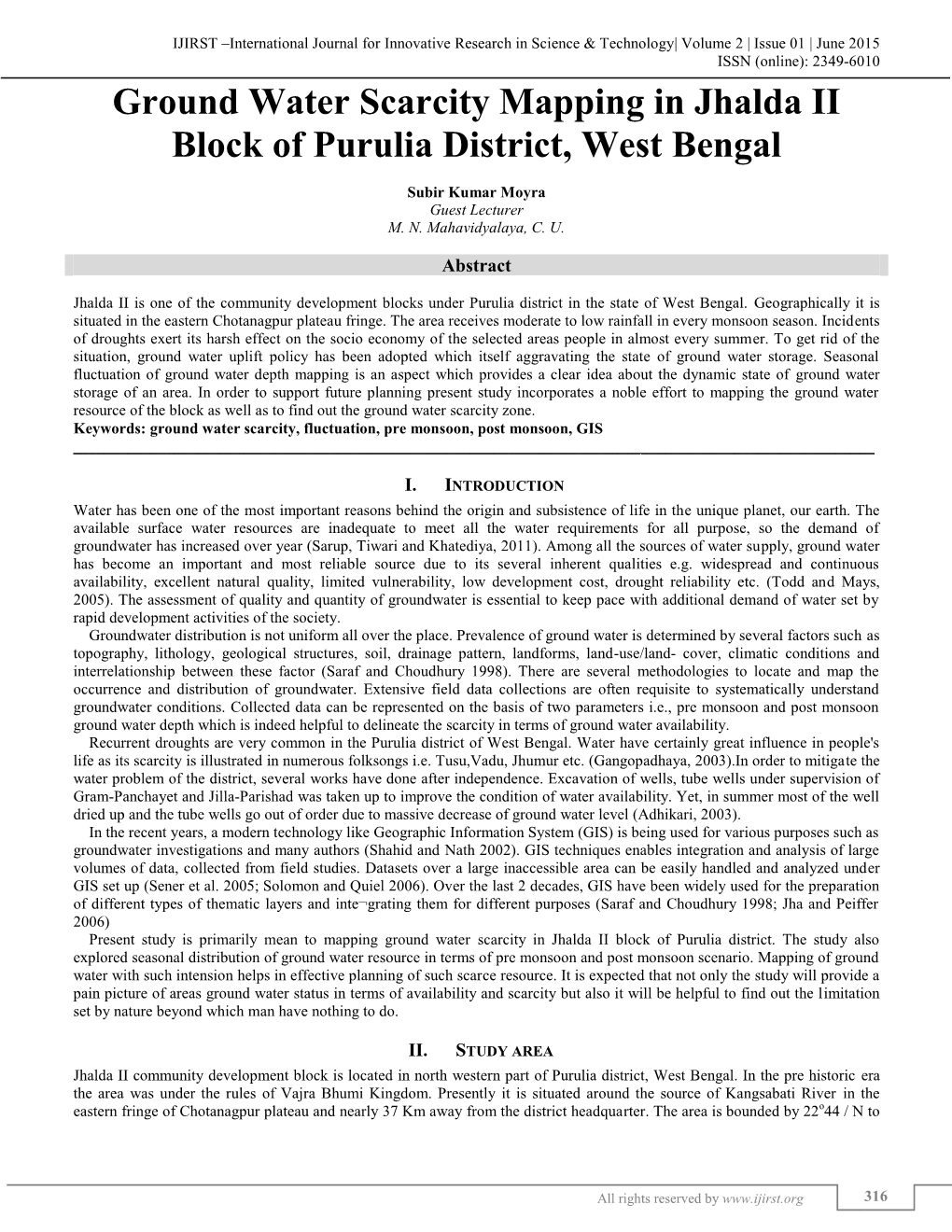 Ground Water Scarcity Mapping in Jhalda II Block of Purulia District, West Bengal (IJIRST/ Volume 2 / Issue 01 / 046)