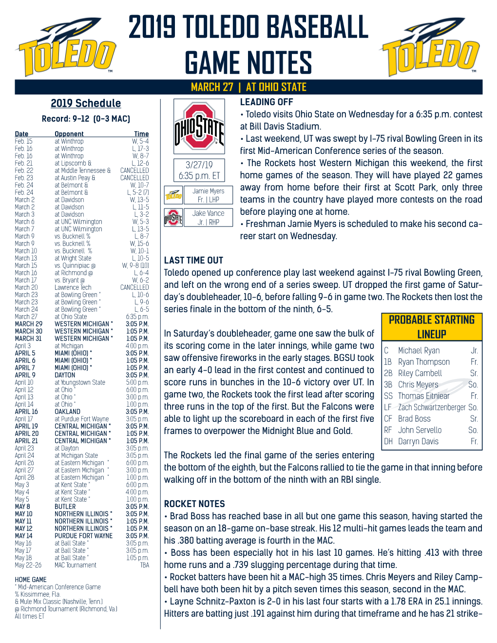 2019 TOLEDO BASEBALL GAME NOTES MARCH 27 | at OHIO STATE 2019 Schedule LEADING OFF Record: 9-12 (0-3 MAC) • Toledo Visits Ohio State on Wednesday for a 6:35 P.M