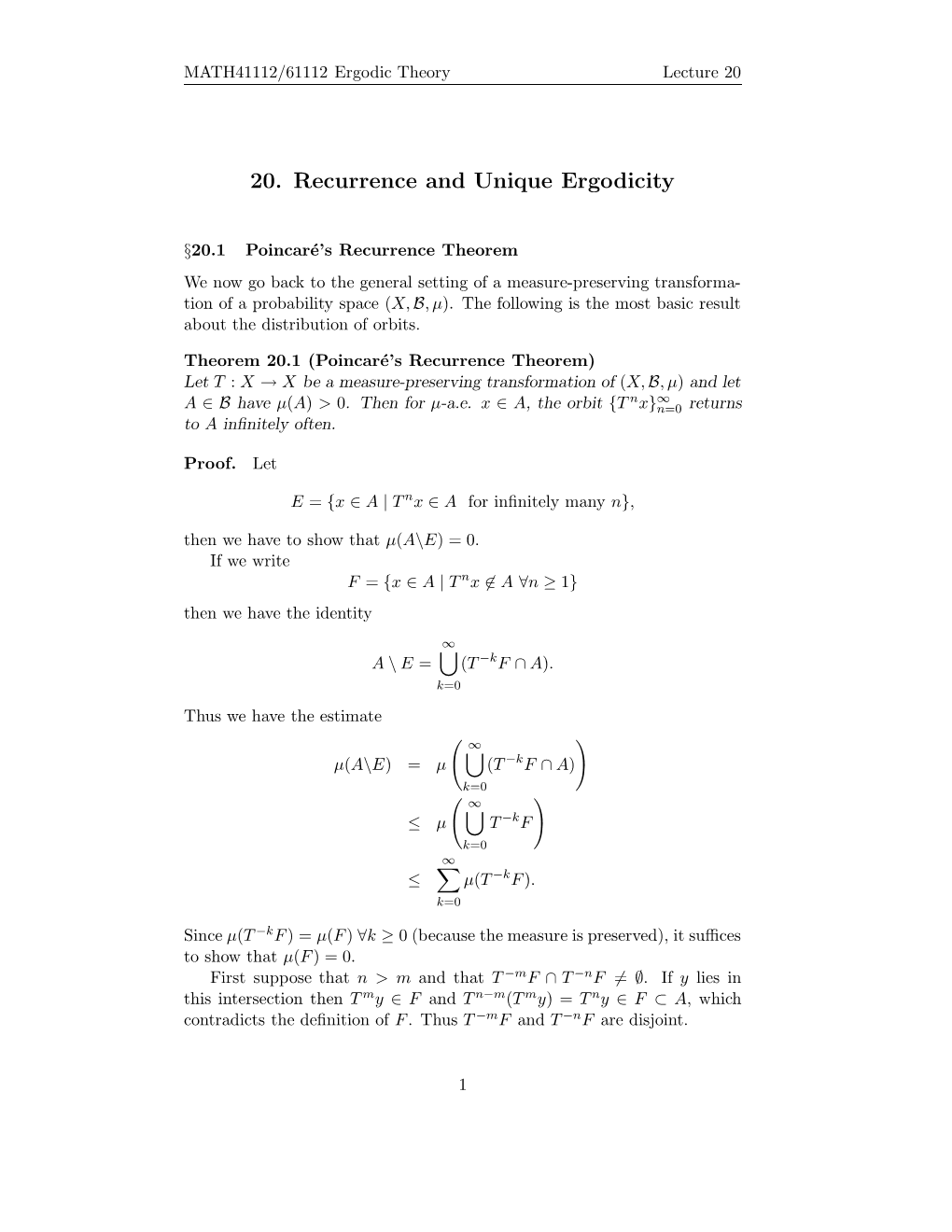 20. Recurrence and Unique Ergodicity