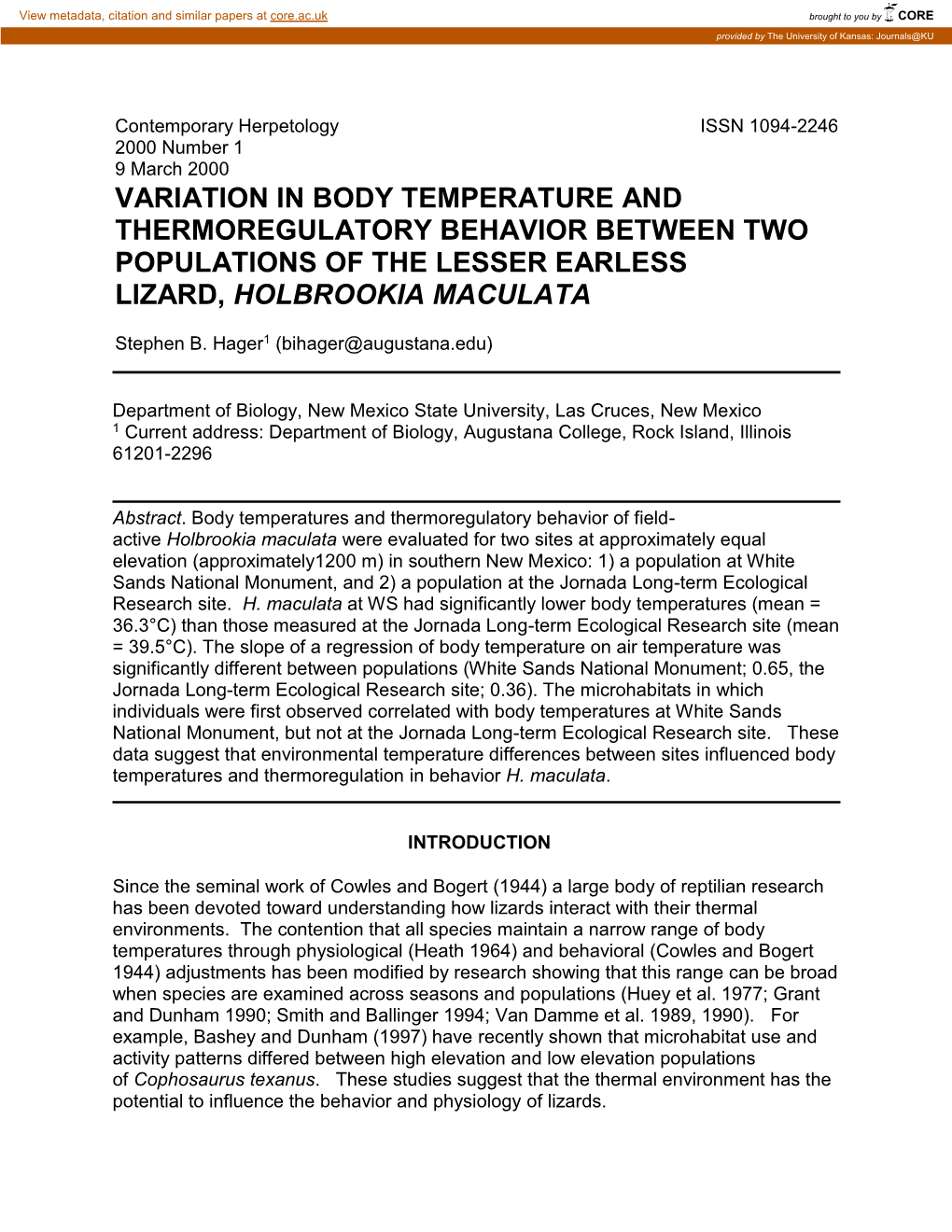 Variation in Body Temperature and Thermoregulatory Behavior Between Two Populations of the Lesser Earless Lizard, Holbrookia Maculata