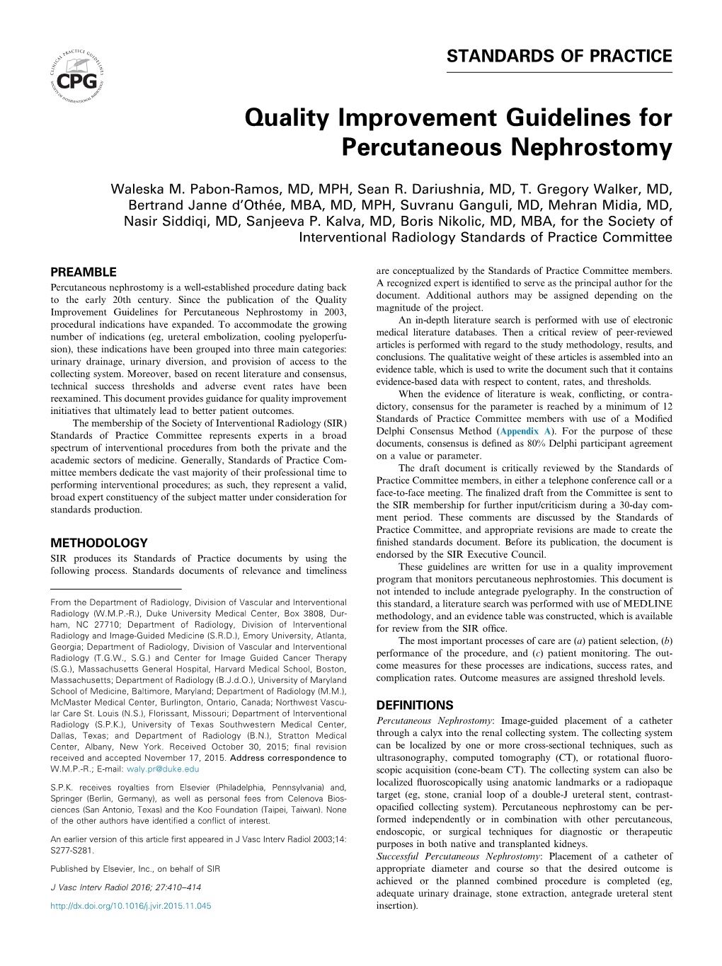 Quality Improvement Guidelines for Percutaneous Nephrostomy