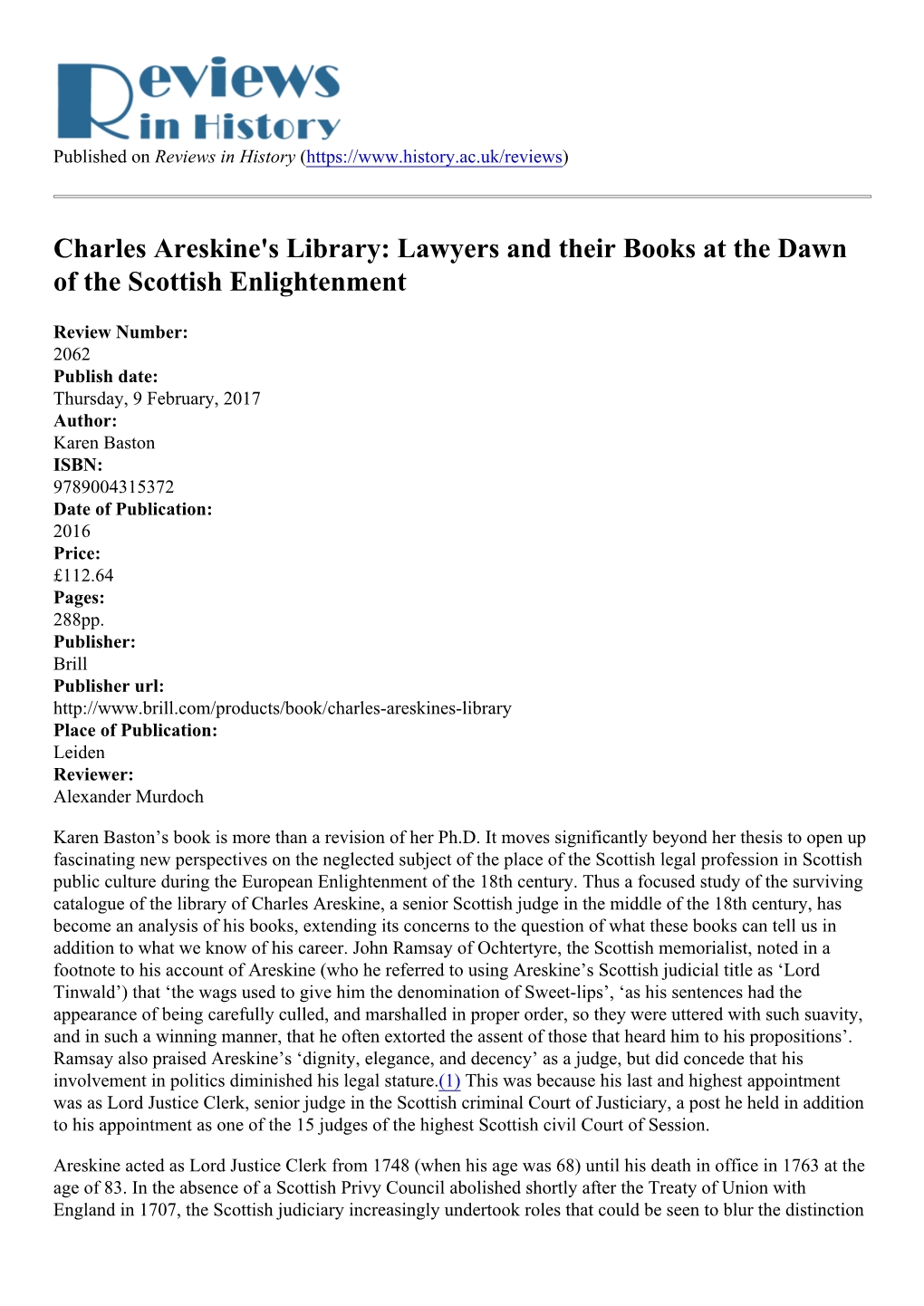 Charles Areskine's Library: Lawyers and Their Books at the Dawn of the Scottish Enlightenment