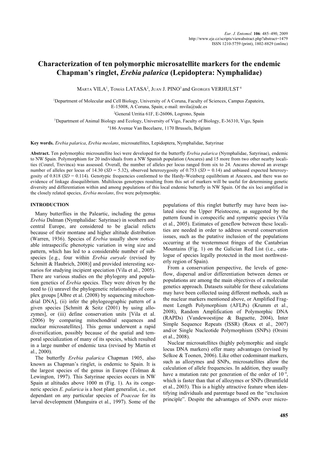 Characterization of Ten Polymorphic Microsatellite Markers for the Endemic Chapman's Ringlet, Erebia Palarica (Lepidoptera: Nymphalidae)