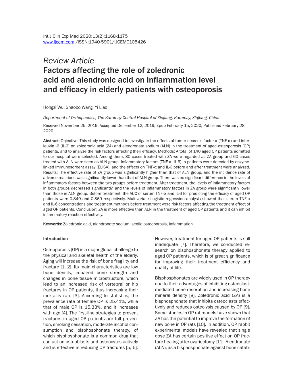 Review Article Factors Affecting the Role of Zoledronic Acid and Alendronic Acid on Inflammation Level and Efficacy in Elderly Patients with Osteoporosis