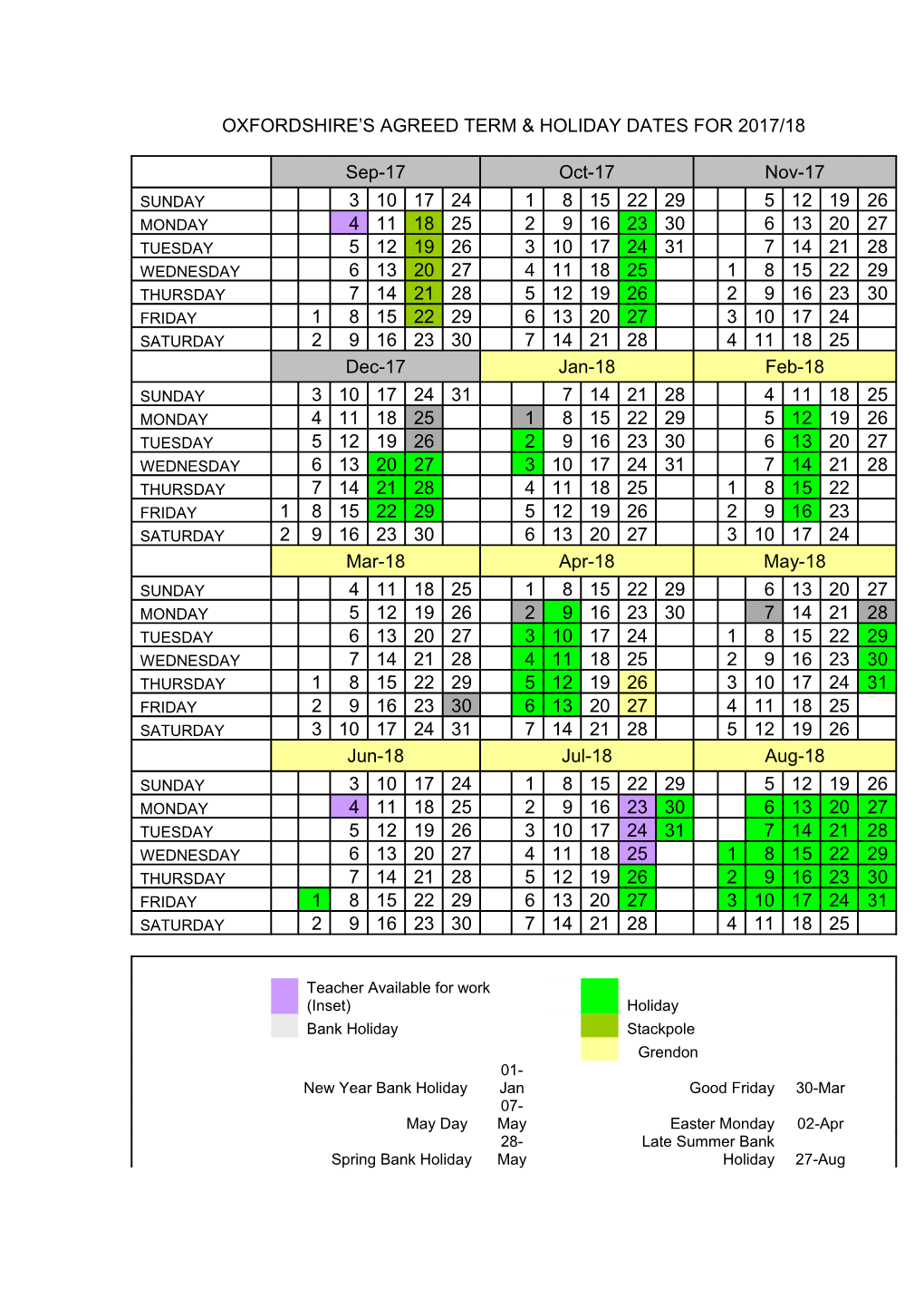 Oxfordshire S Agreed Term & Holiday Dates for 2017/18