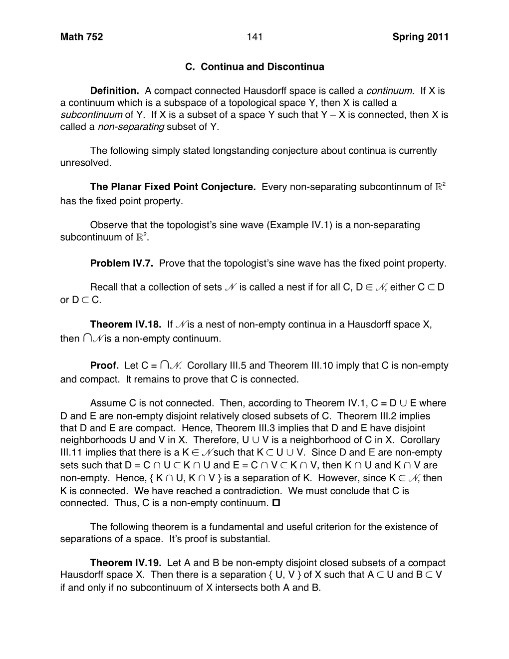 Math 752 141 Spring 2011 C. Continua and Discontinua