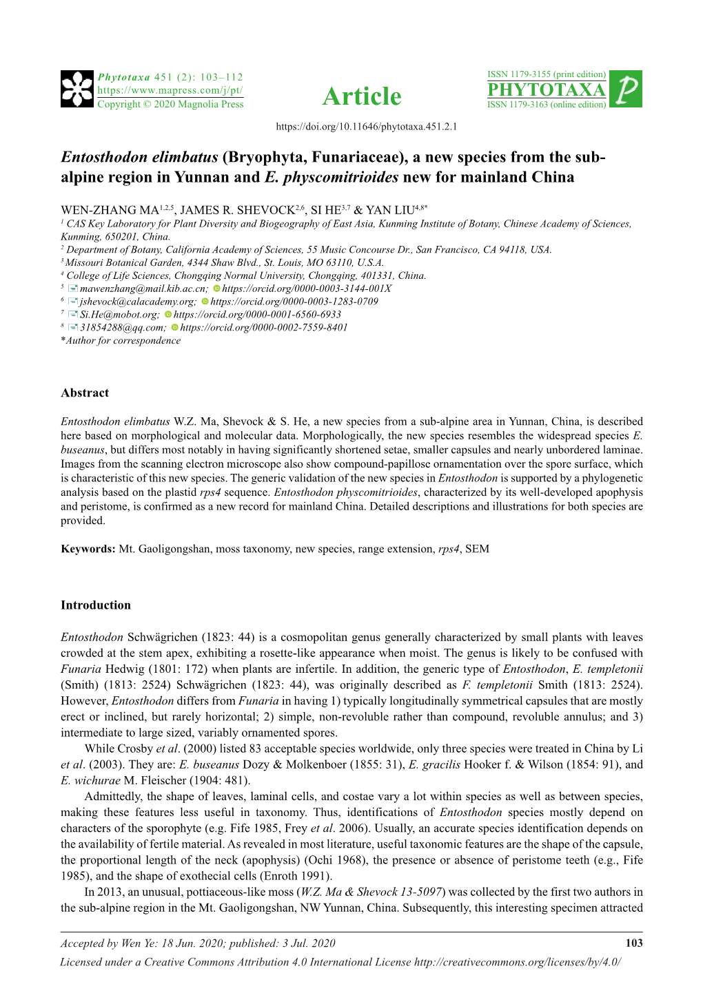 Entosthodon Elimbatus (Bryophyta, Funariaceae), a New Species from the Sub- Alpine Region in Yunnan and E