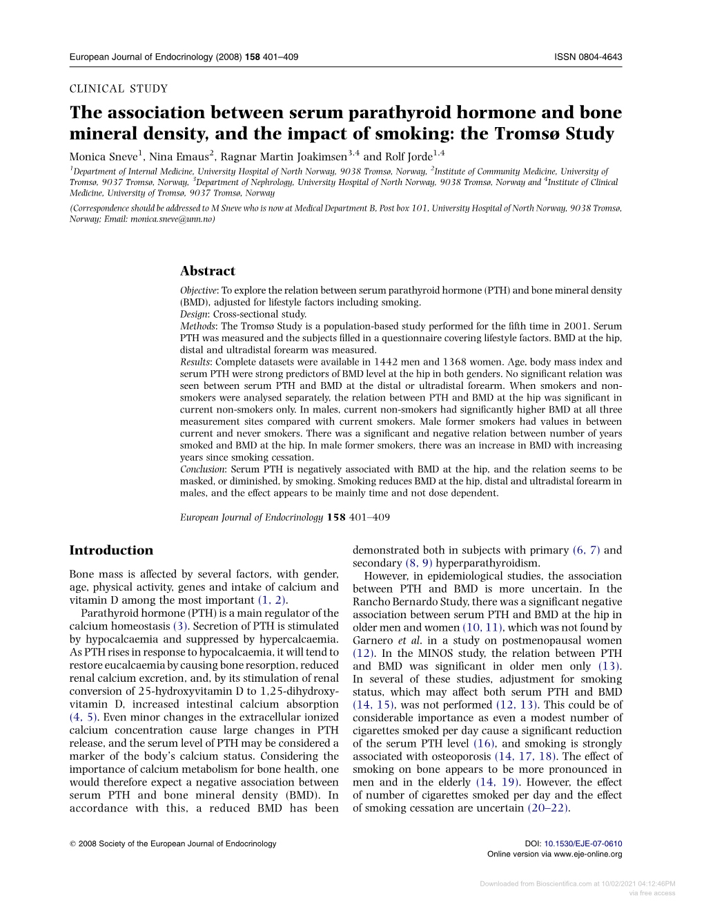 The Association Between Serum Parathyroid Hormone and Bone Mineral Density, and the Impact of Smoking