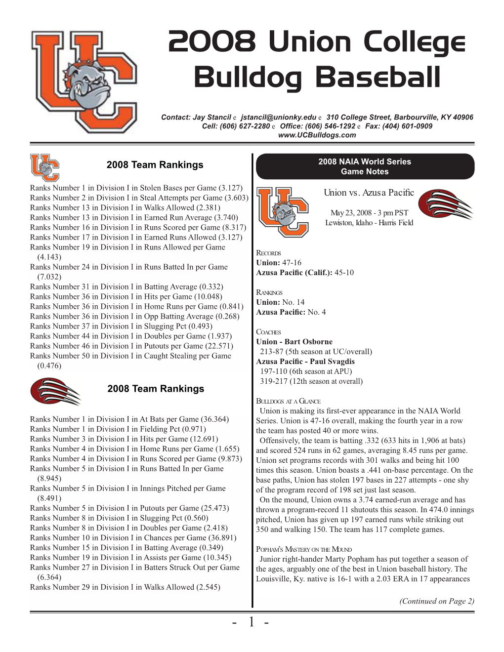 2008 Union College Bulldog Baseball