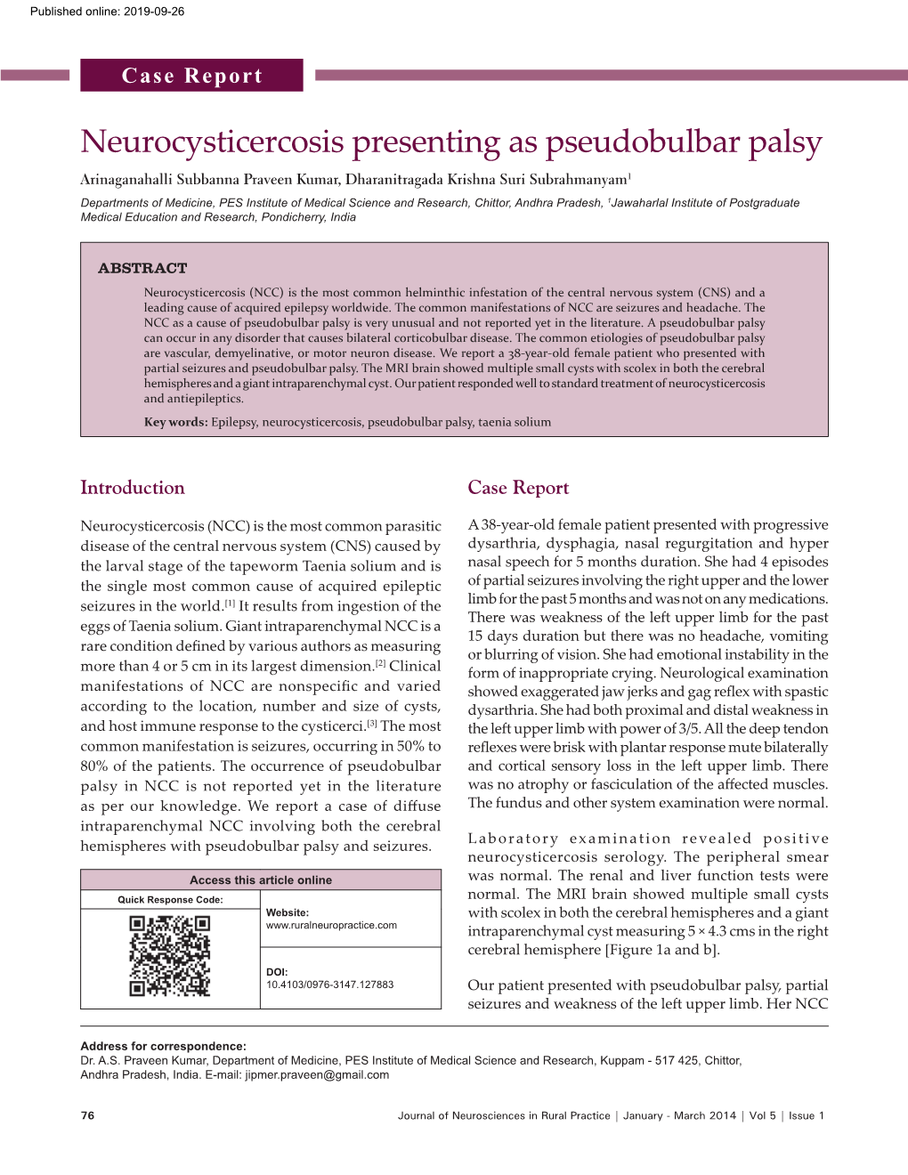 Neurocysticercosis Presenting As Pseudobulbar Palsy