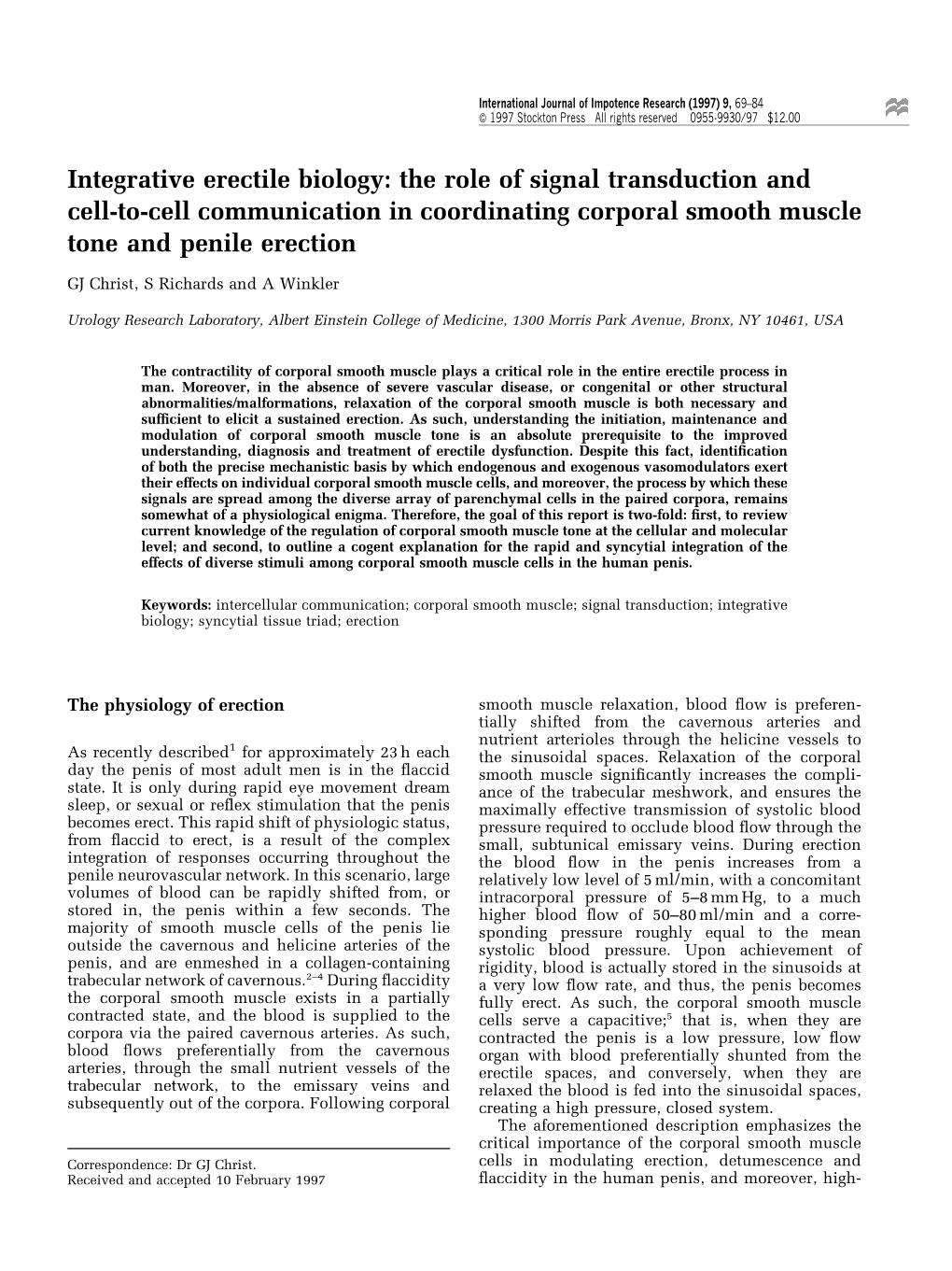 Integrative Erectile Biology: the Role of Signal Transduction and Cell-To-Cell Communication in Coordinating Corporal Smooth Muscle Tone and Penile Erection