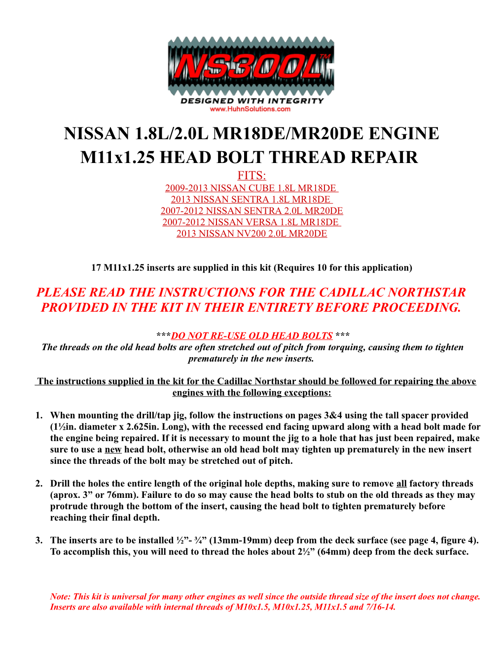 NISSAN 1.8L/2.0L MR18DE/MR20DE ENGINE M11x1.25 HEAD BOLT