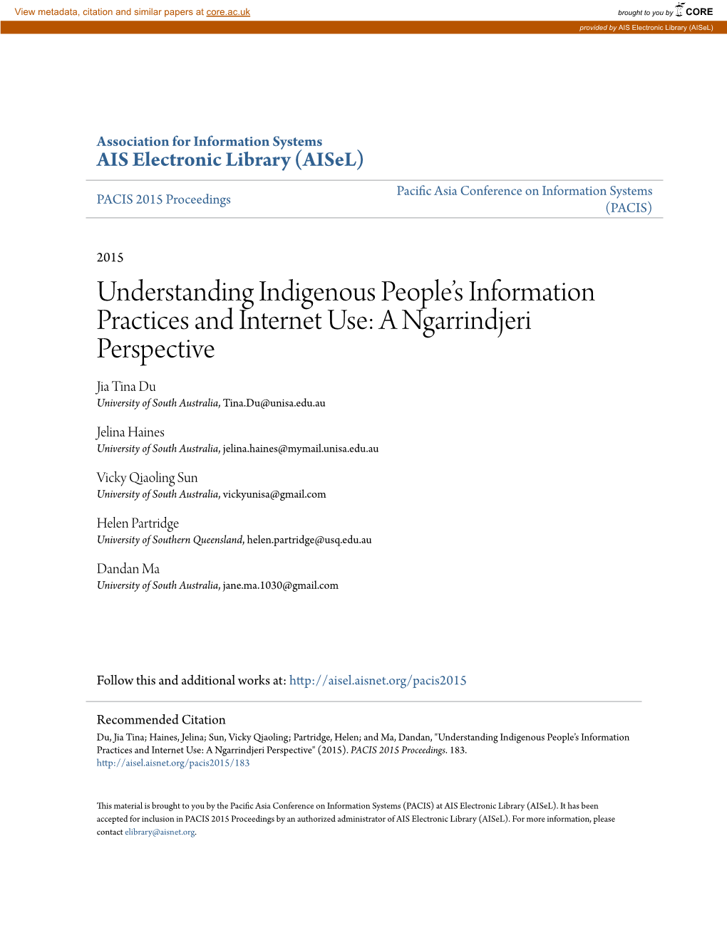 A Ngarrindjeri Perspective Jia Tina Du University of South Australia, Tina.Du@Unisa.Edu.Au