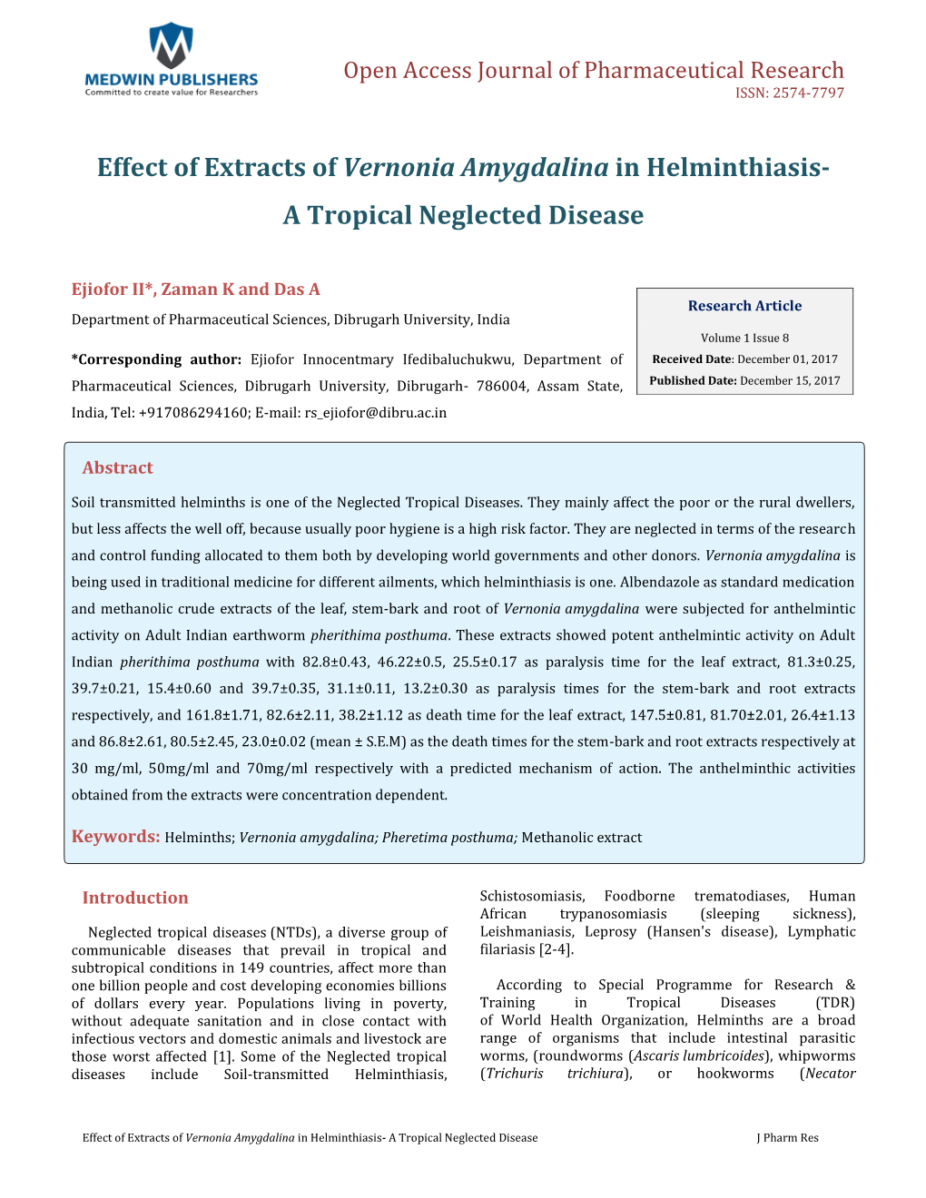 Effect of Extracts of Vernonia Amygdalina in Helminthiasis- a Tropical Neglected Disease