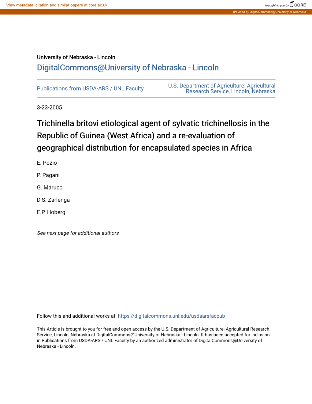 Trichinella Britovi Etiological Agent of Sylvatic Trichinellosis in The