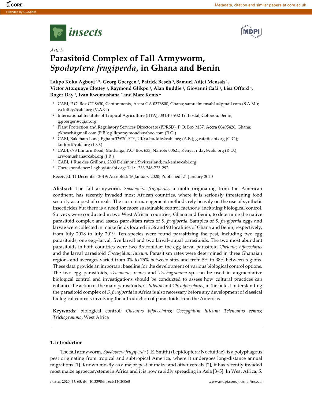 Parasitoid Complex of Fall Armyworm, Spodoptera Frugiperda, in Ghana and Benin