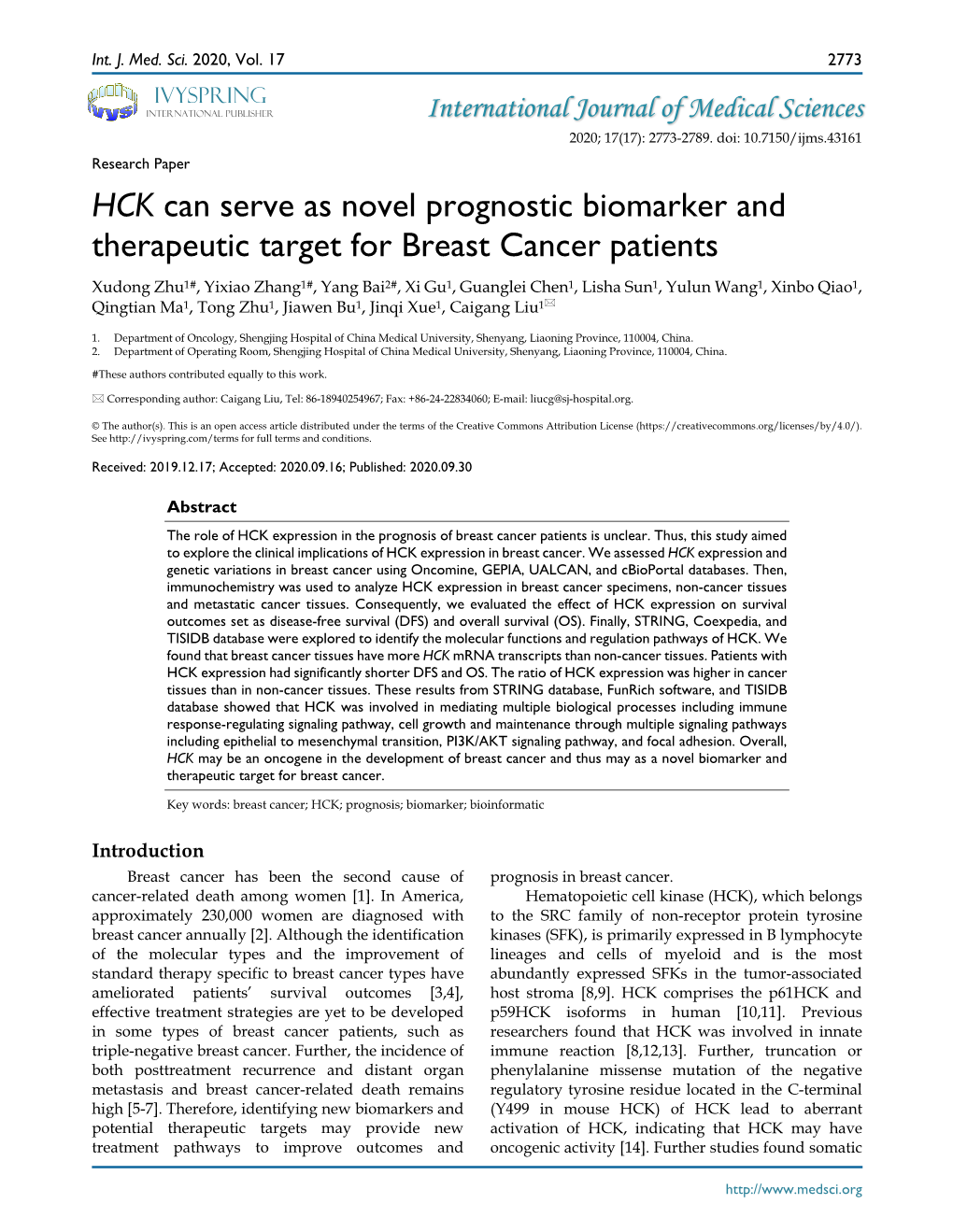 HCK Can Serve As Novel Prognostic Biomarker and Therapeutic Target for Breast Cancer Patients