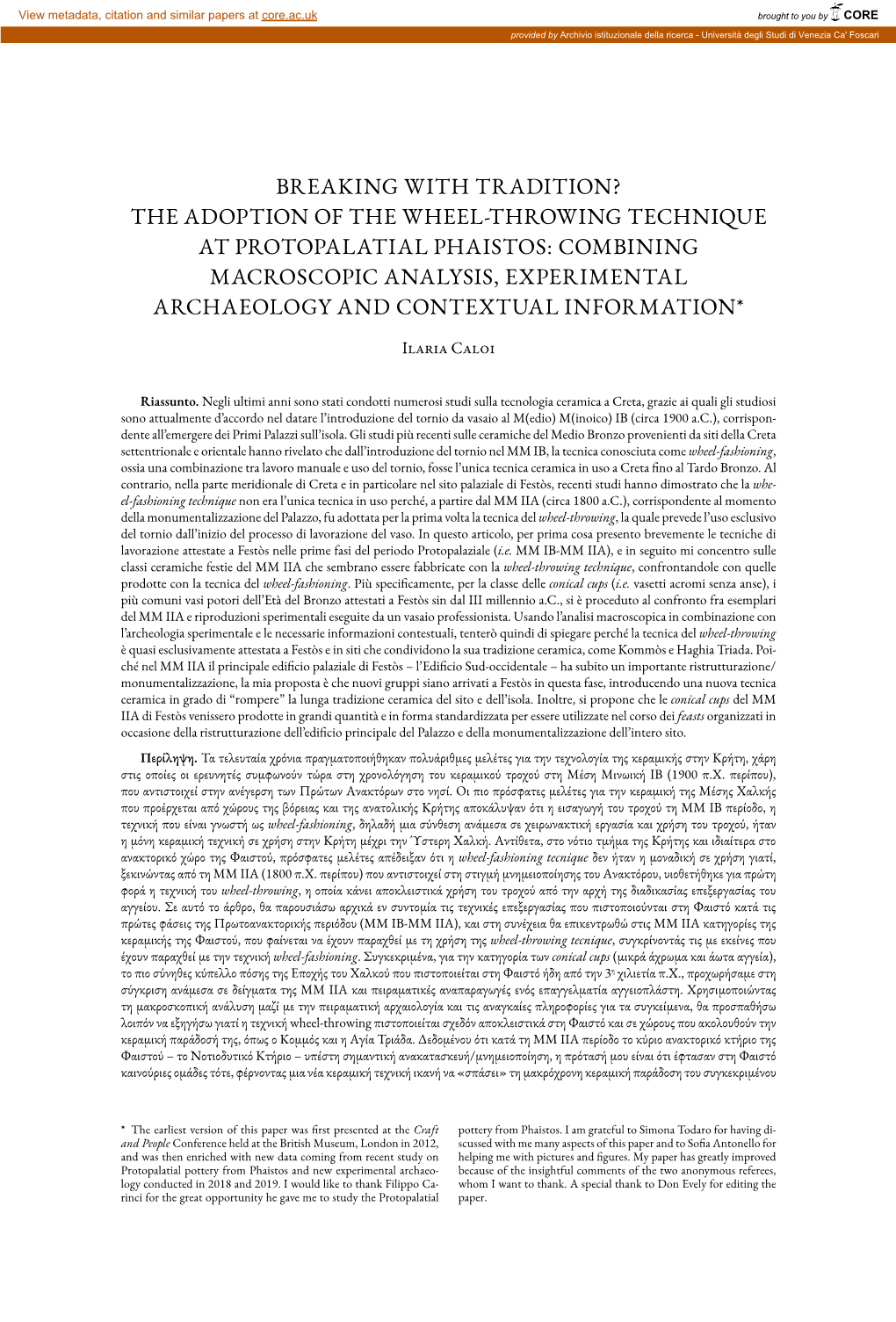 The Adoption of the Wheel-Throwing Technique at Protopalatial Phaistos: Combining Macroscopic Analysis, Experimental Archaeology and Contextual Information*