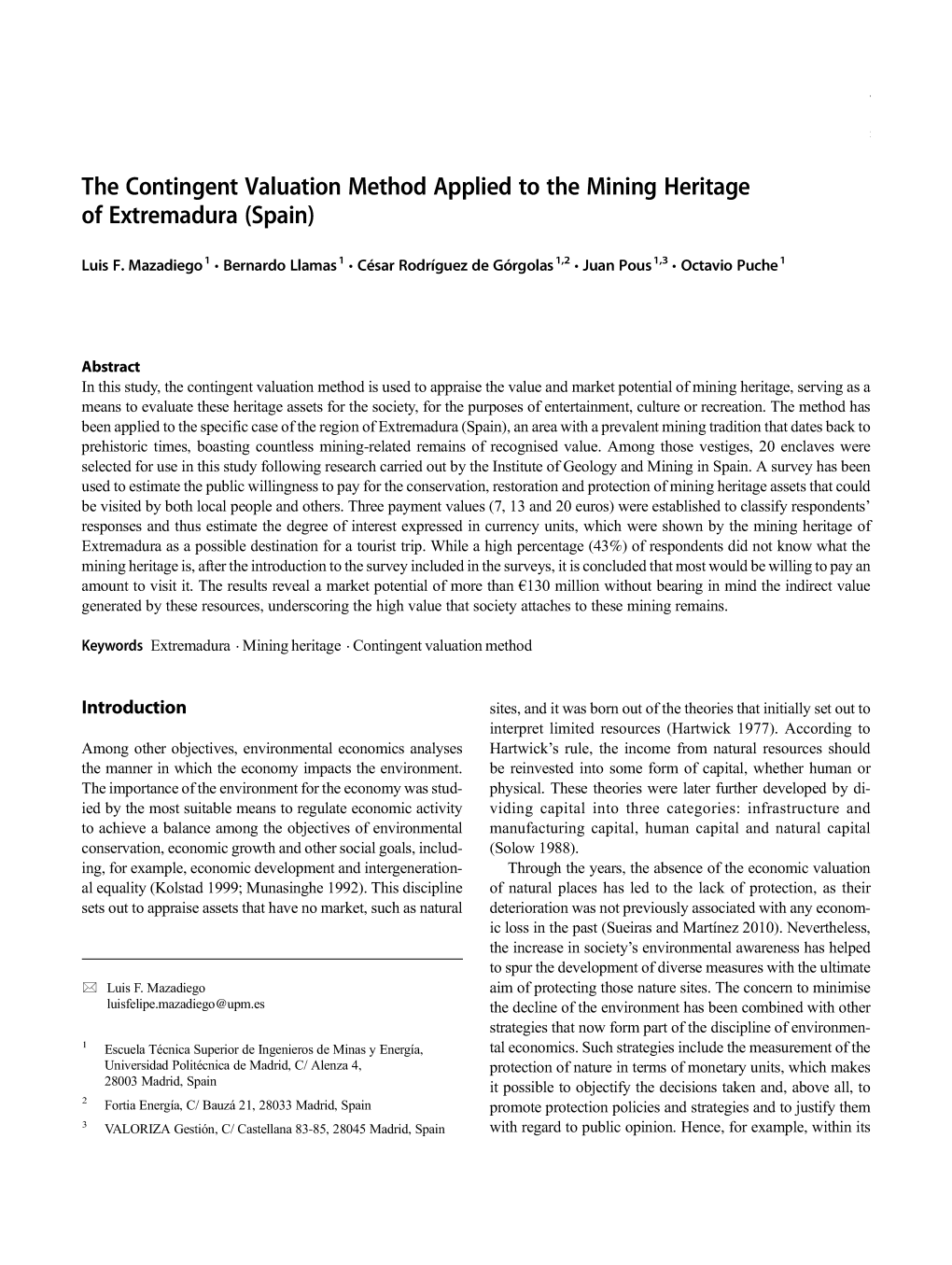 The Contingent Valuation Method Applied to the Mining Heritage of Extremadura (Spain)