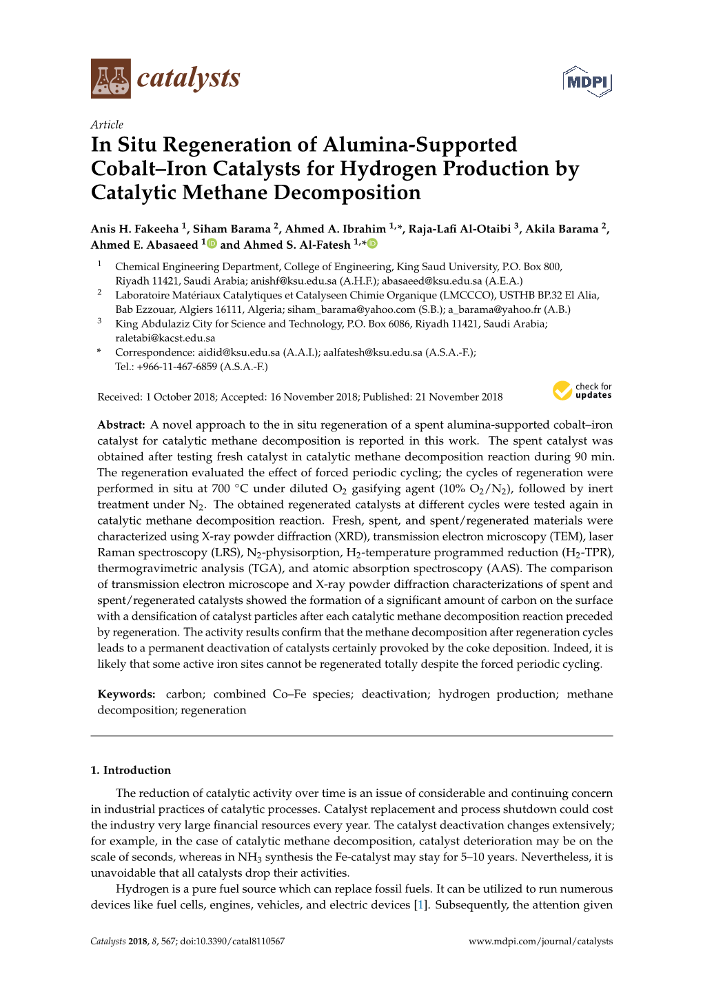 In Situ Regeneration of Alumina-Supported Cobalt–Iron Catalysts for Hydrogen Production by Catalytic Methane Decomposition