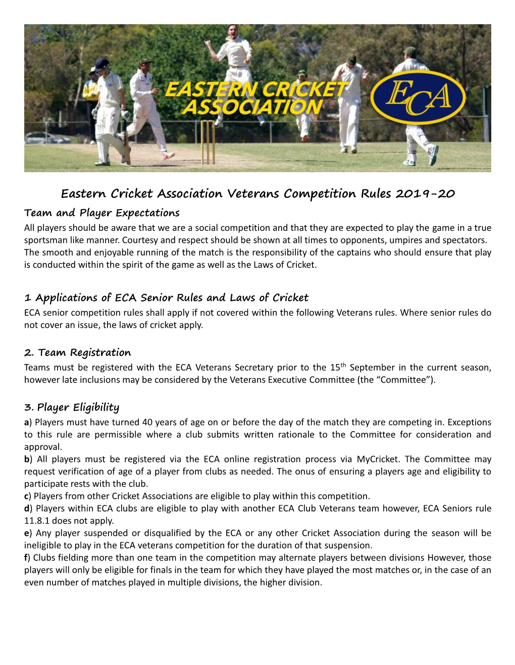 Eastern Cricket Association Veterans Competition Rules 2019-20