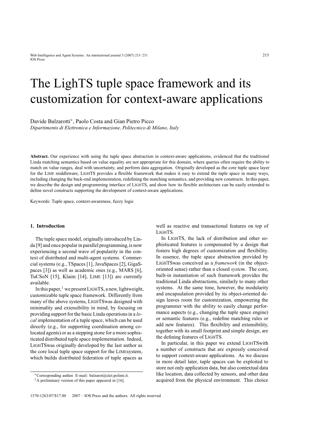 The Lights Tuple Space Framework and Its Customization for Context-Aware Applications