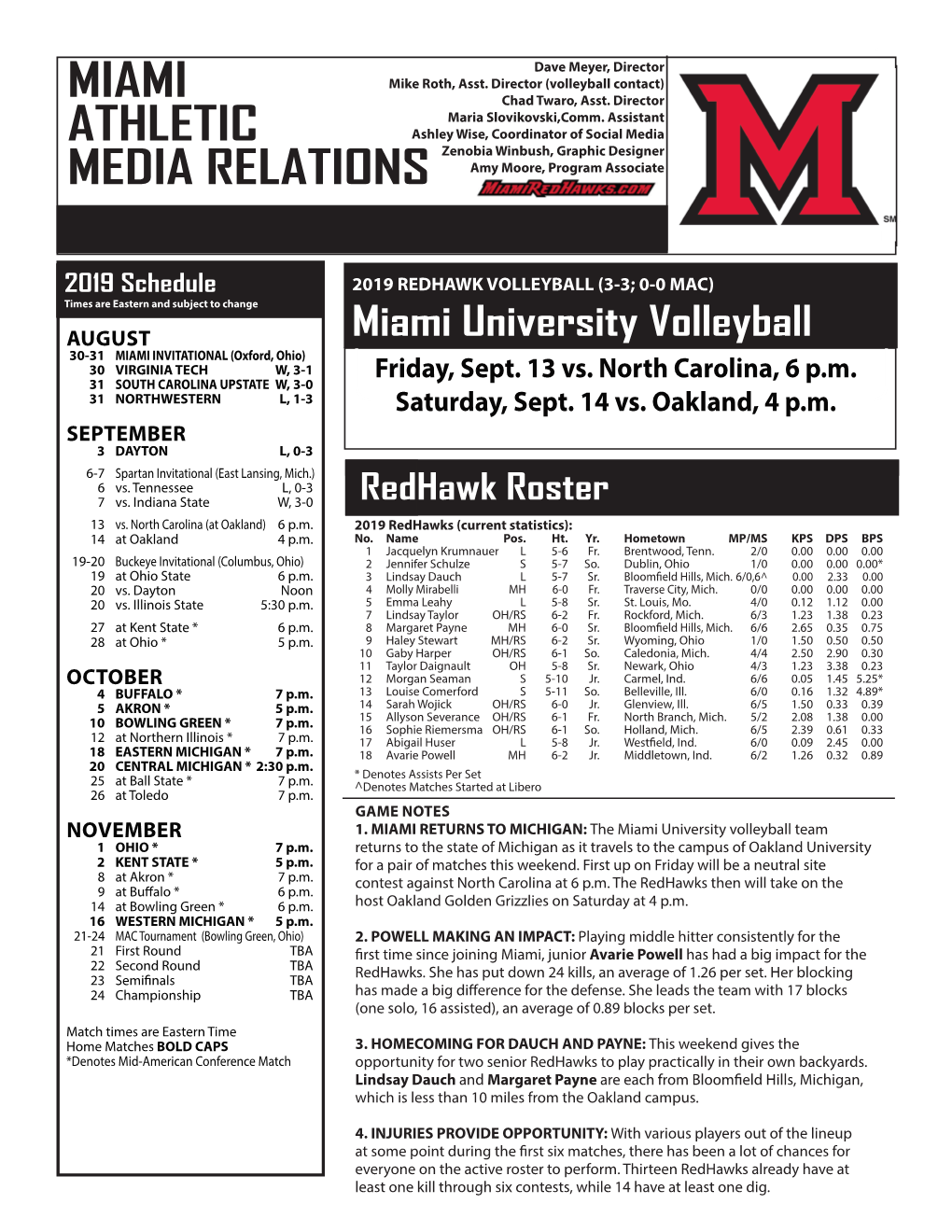 Miami Athletic Media Relations Contact Michael Roth Roth’S Phone 513-529-7092 Roth’S Cell 513-330-0023 Roth’S E-Mail Rothmb@Miamioh.Edu 2 0 19 V O L L E Y B a L L 3