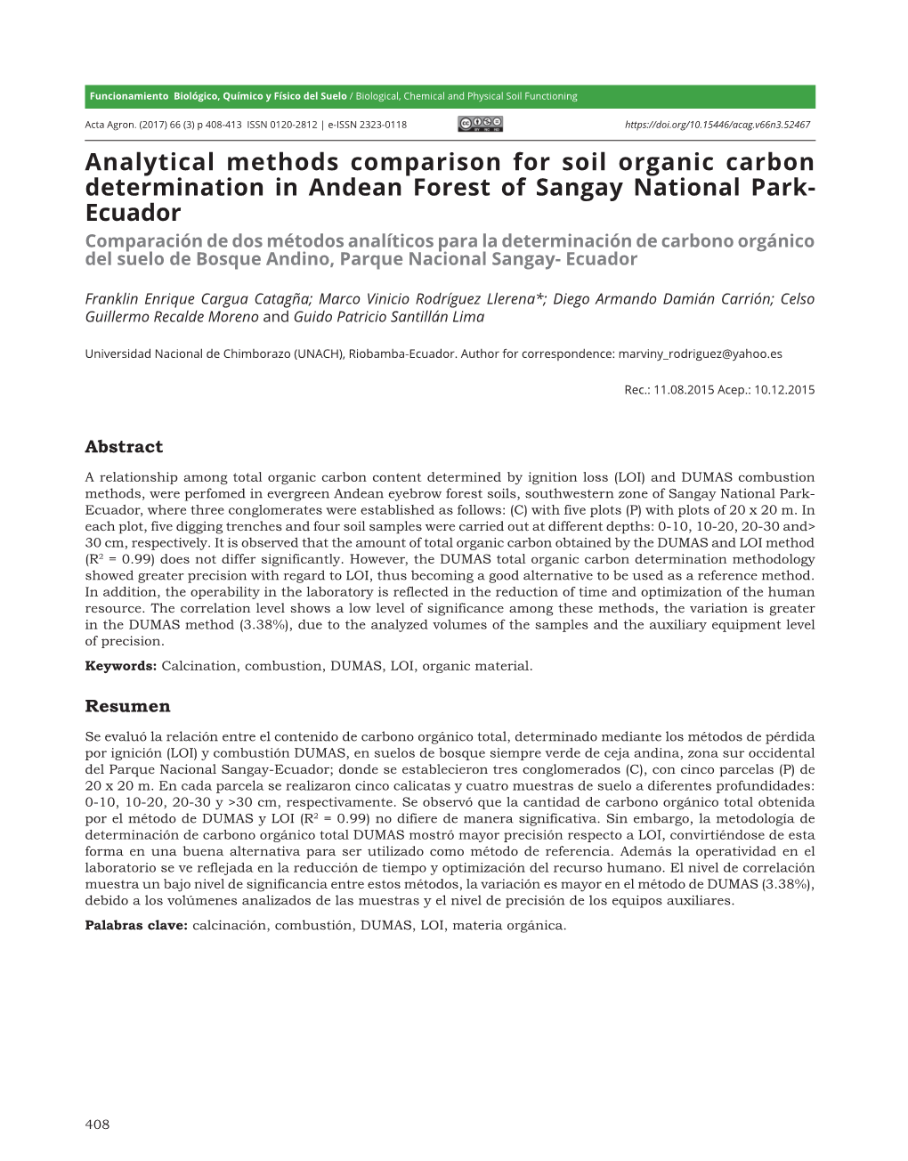 Analytical Methods Comparison for Soil Organic Carbon Determination in Andean Forest of Sangay National Park- Ecuador