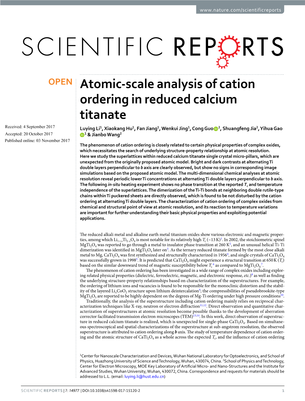 Atomic-Scale Analysis of Cation Ordering in Reduced Calcium Titanate