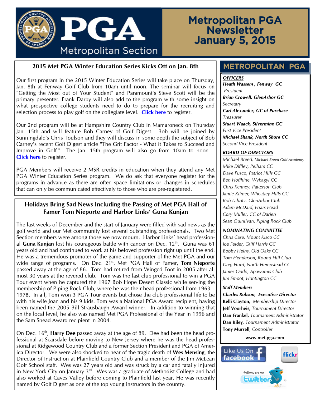 Metropolitan PGA Newsletter January 5, 2015