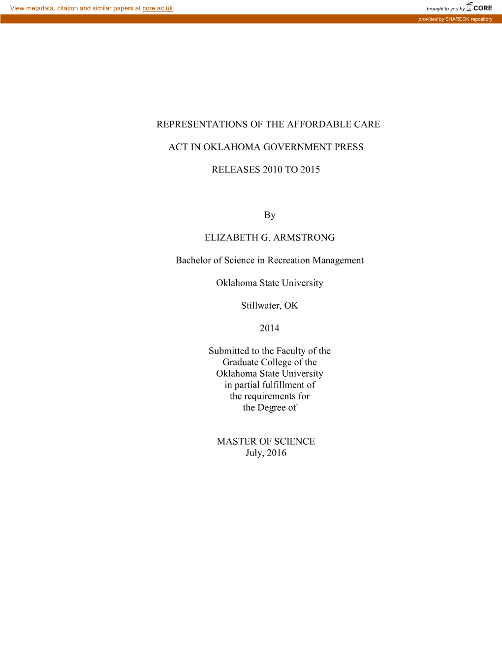 Representations of the Affordable Care Act in Oklahoma Government Press Releases 2010 to 2015