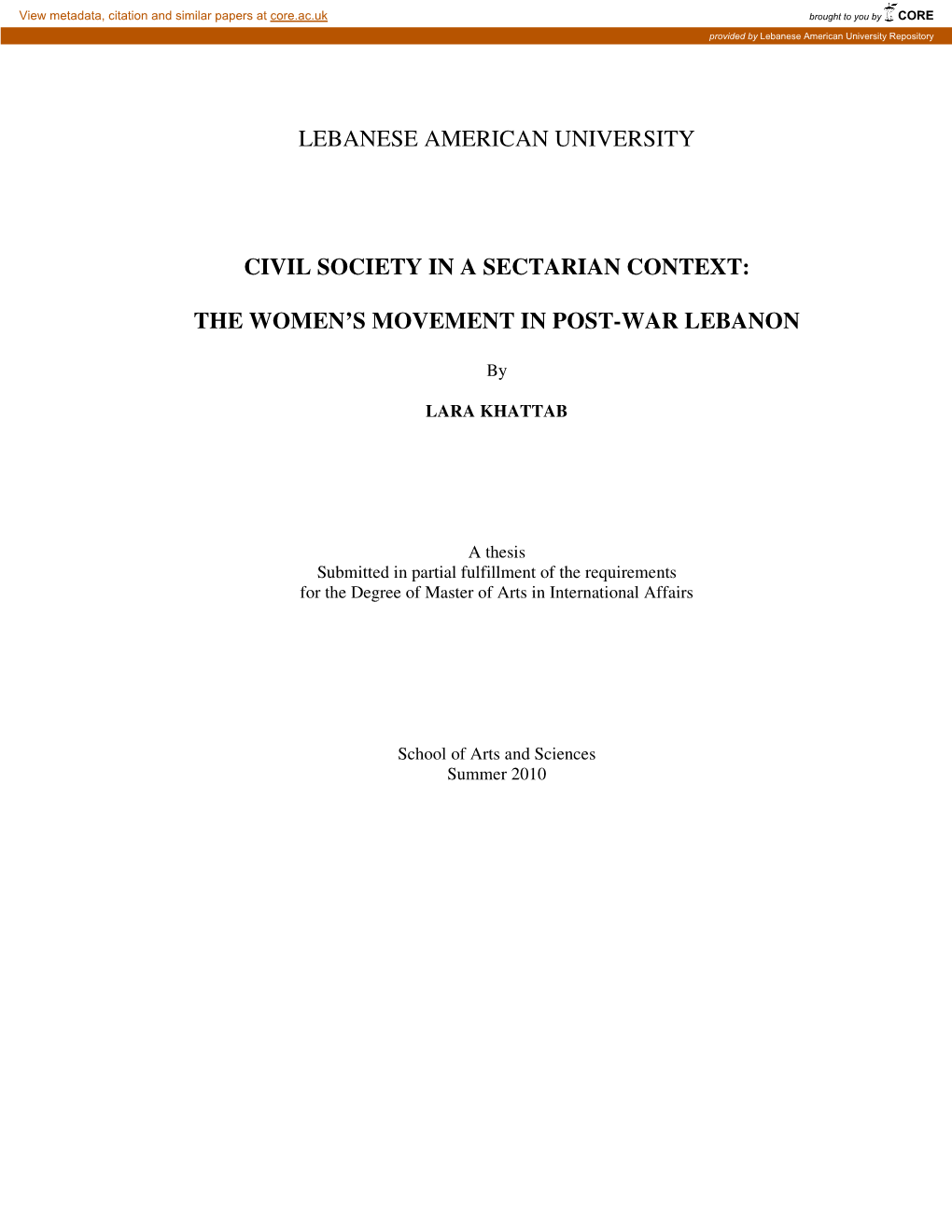 Lebanese American University Civil Society in a Sectarian Context: the Women's Movement in Post-War Lebanon