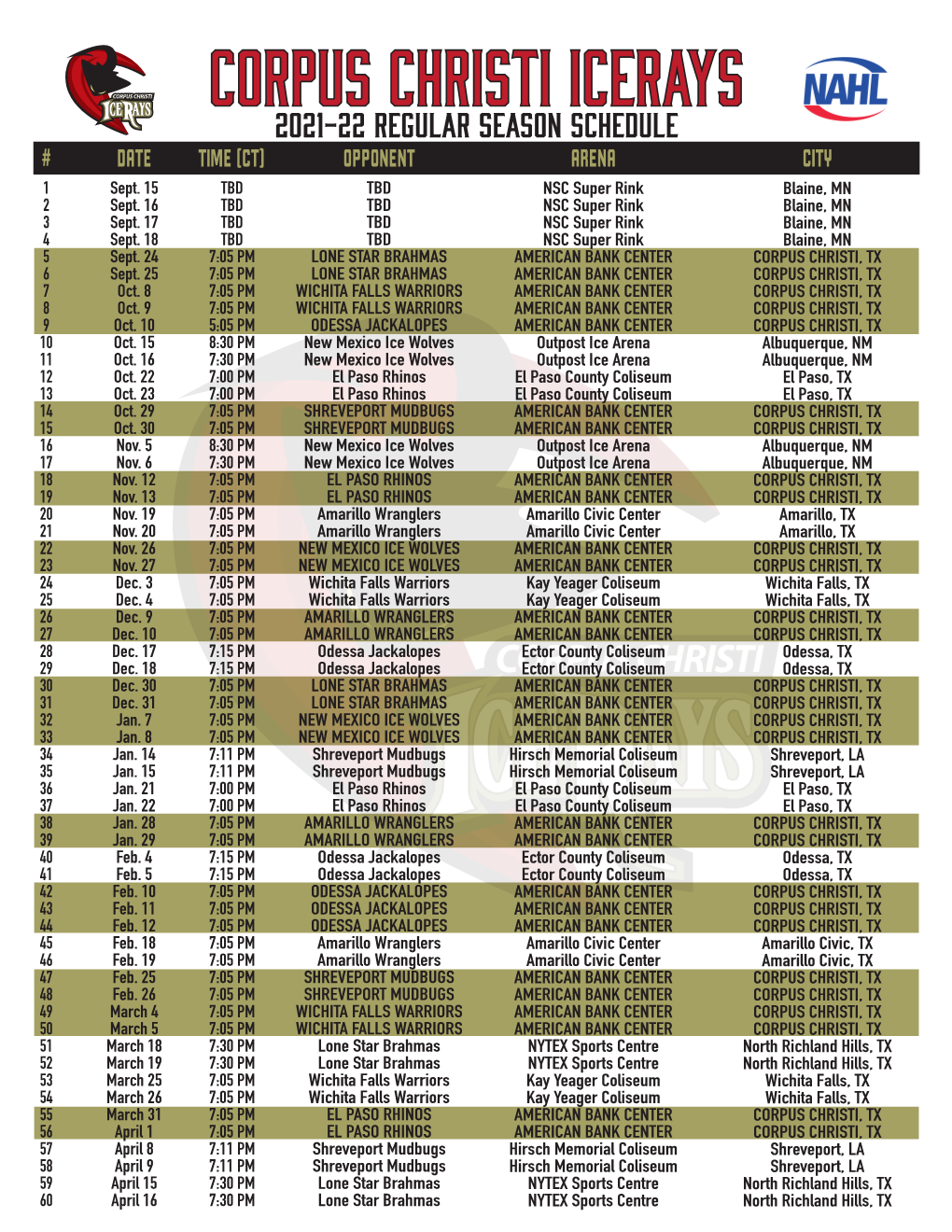 Icerays 2021-22 Schedule