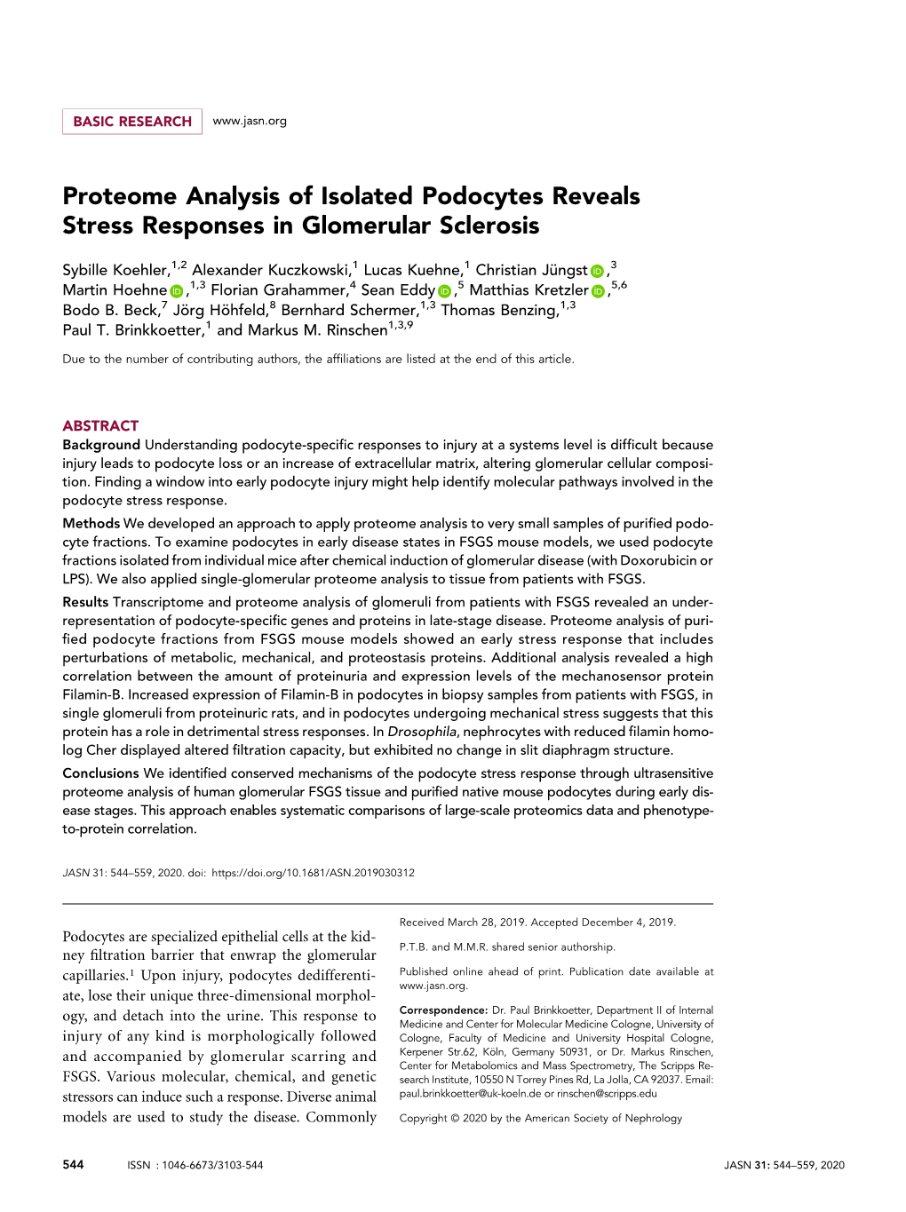 Proteome Analysis of Isolated Podocytes Reveals Stress Responses in Glomerular Sclerosis