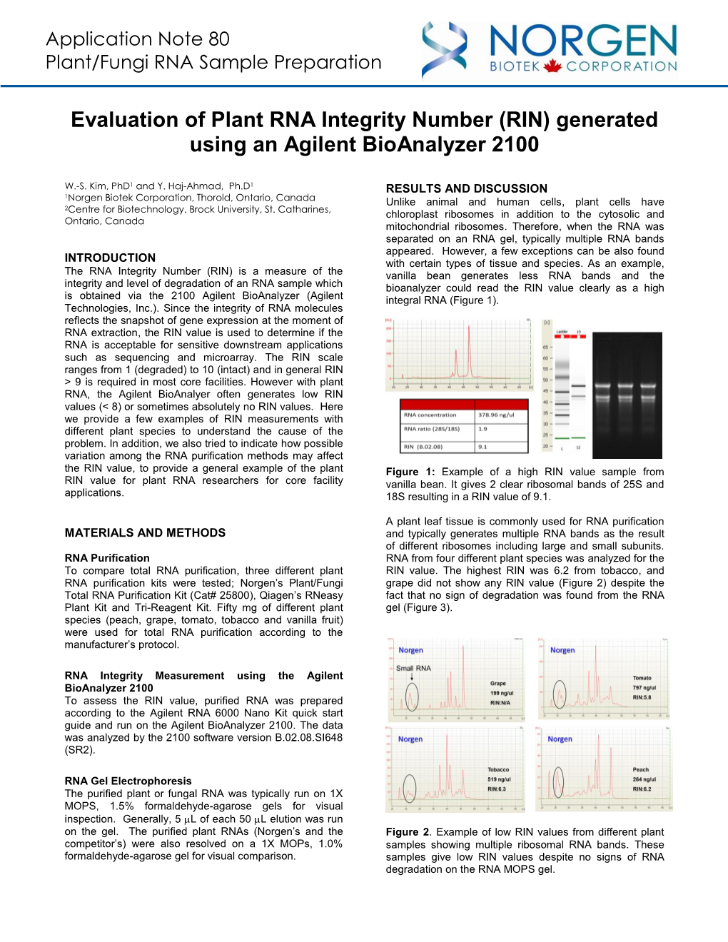 Evaluation of Plant RNA Integrity Number (RIN) Generated Using an Agilent Bioanalyzer 2100
