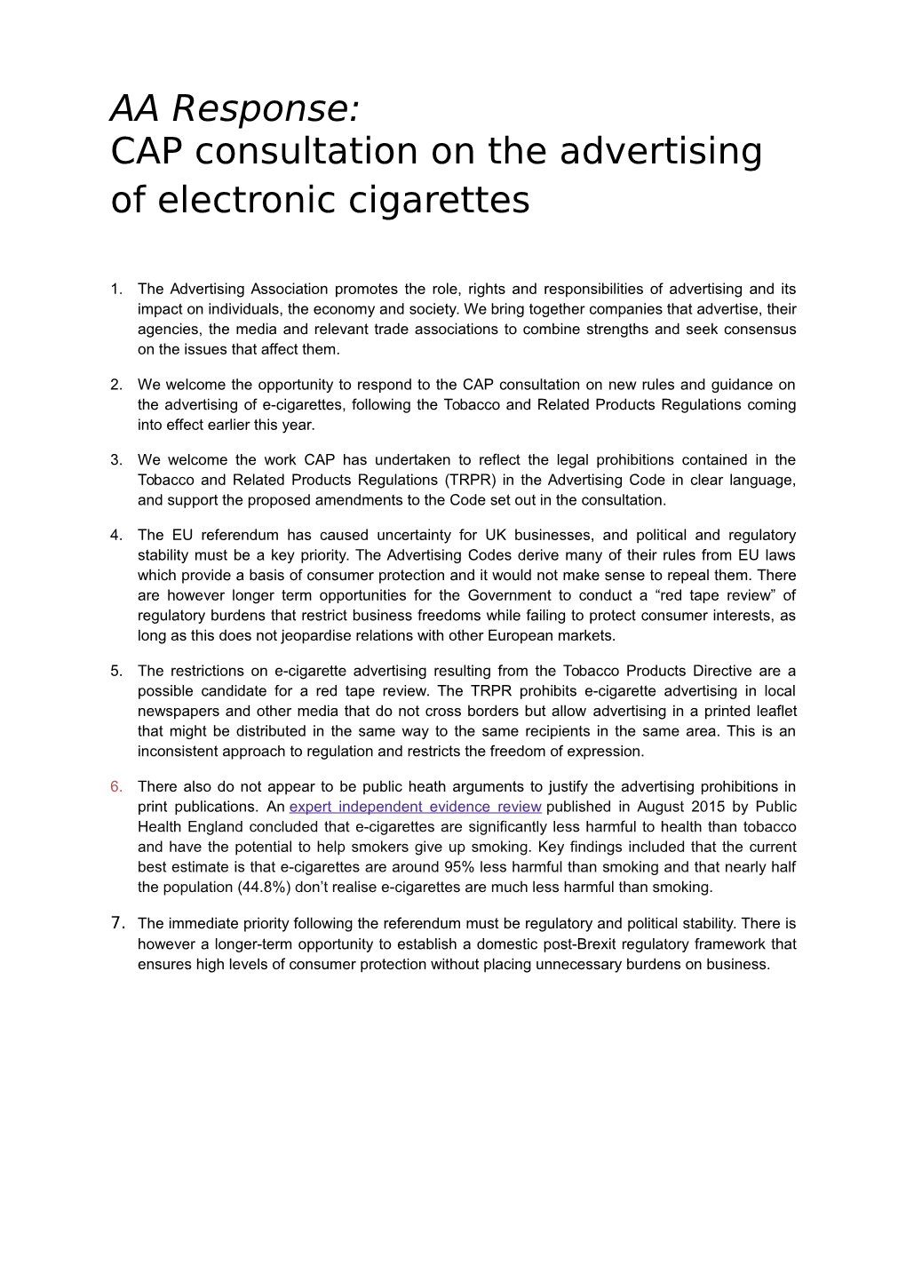 CAP Consultation on the Advertising of Electronic Cigarettes