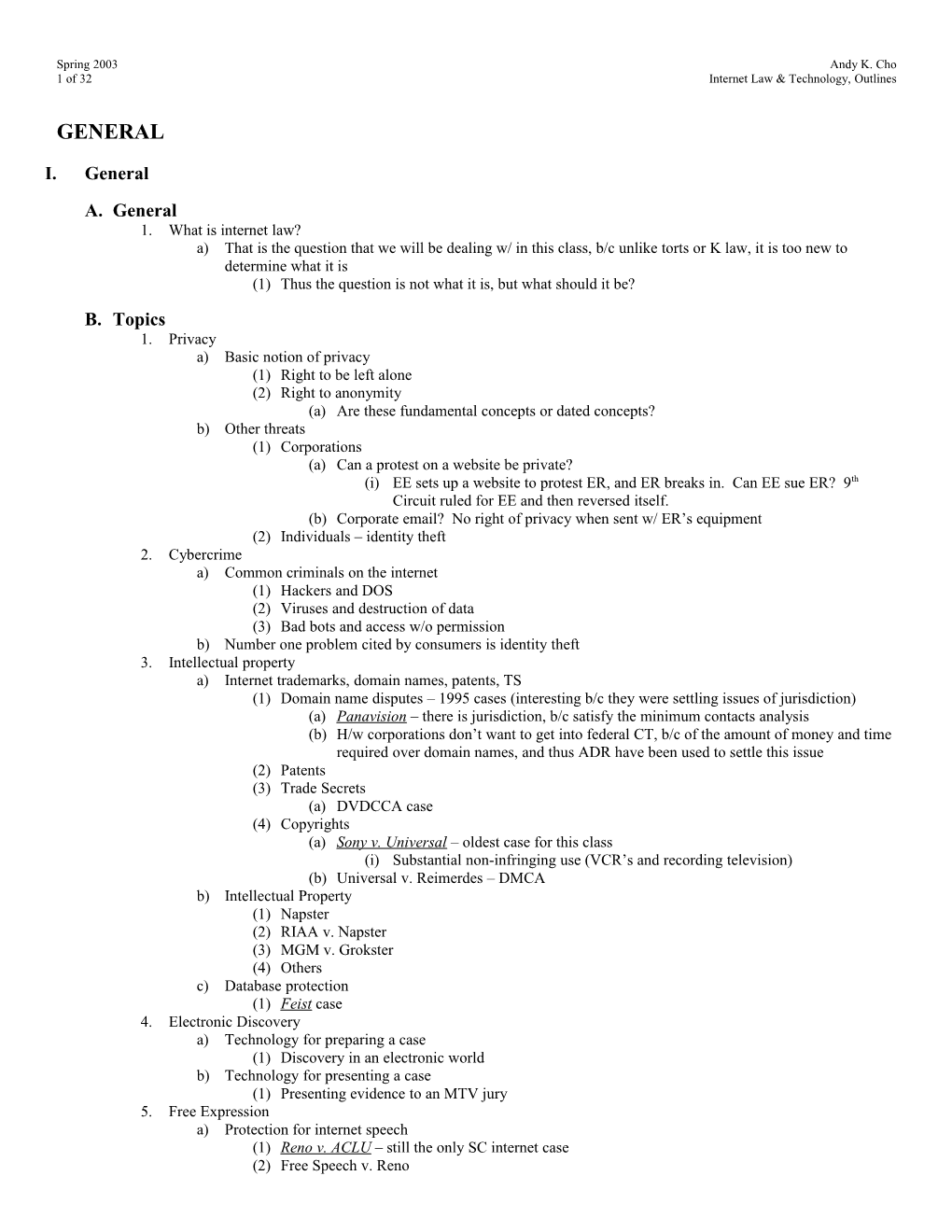 25 of 31 Internet Law & Technology, Outlines