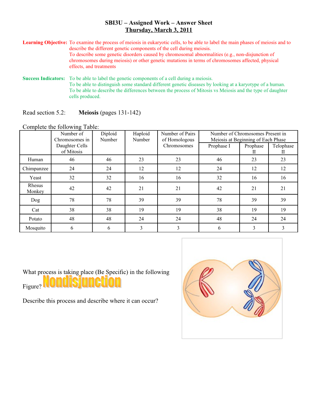 SBI3U Assigned Work Answer Sheet