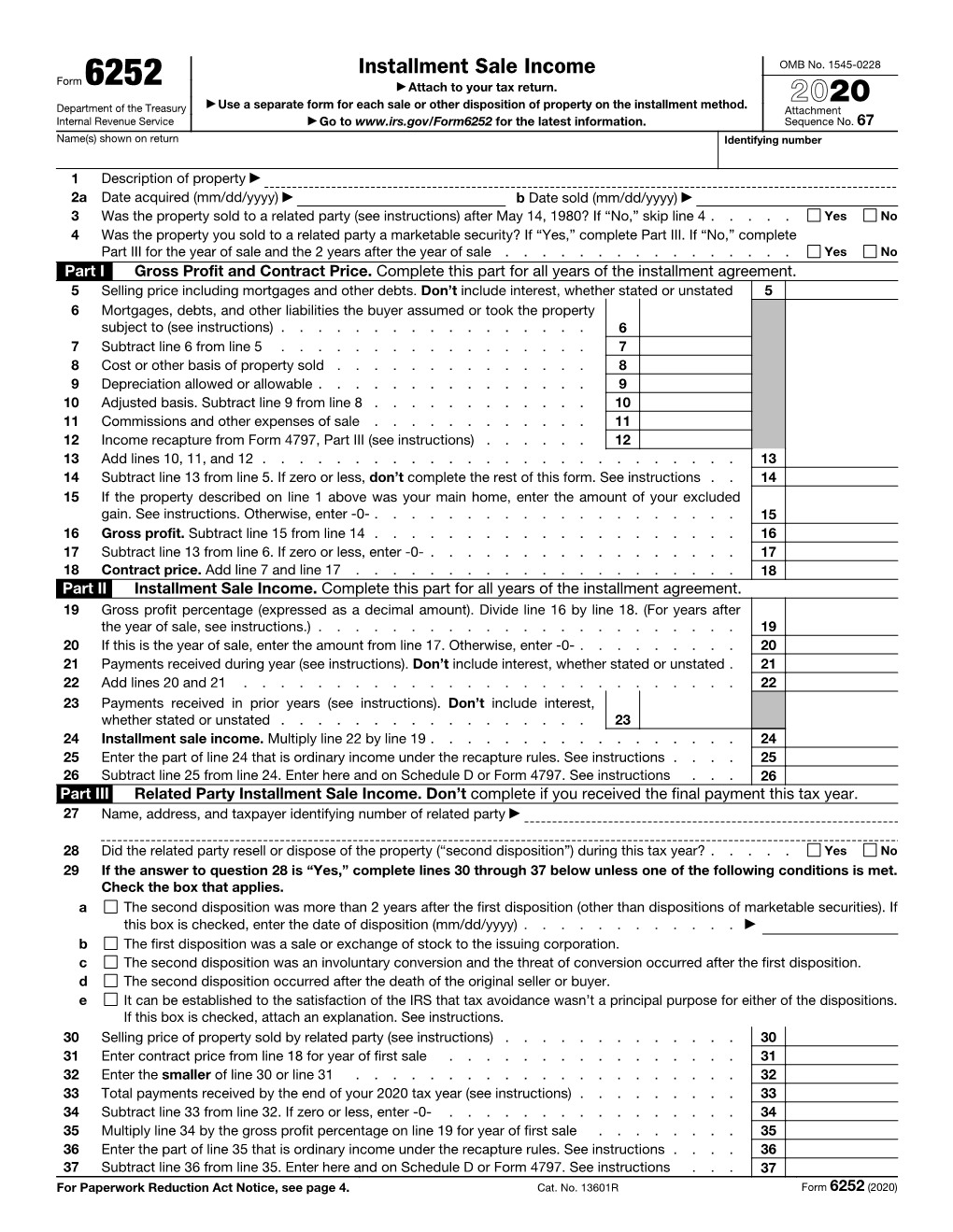 Form 6252 ▶ Attach to Your Tax Return