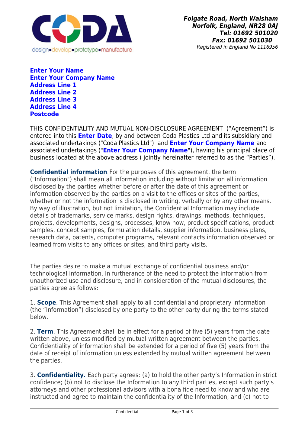 Coda Standard Confidentiality Agreement