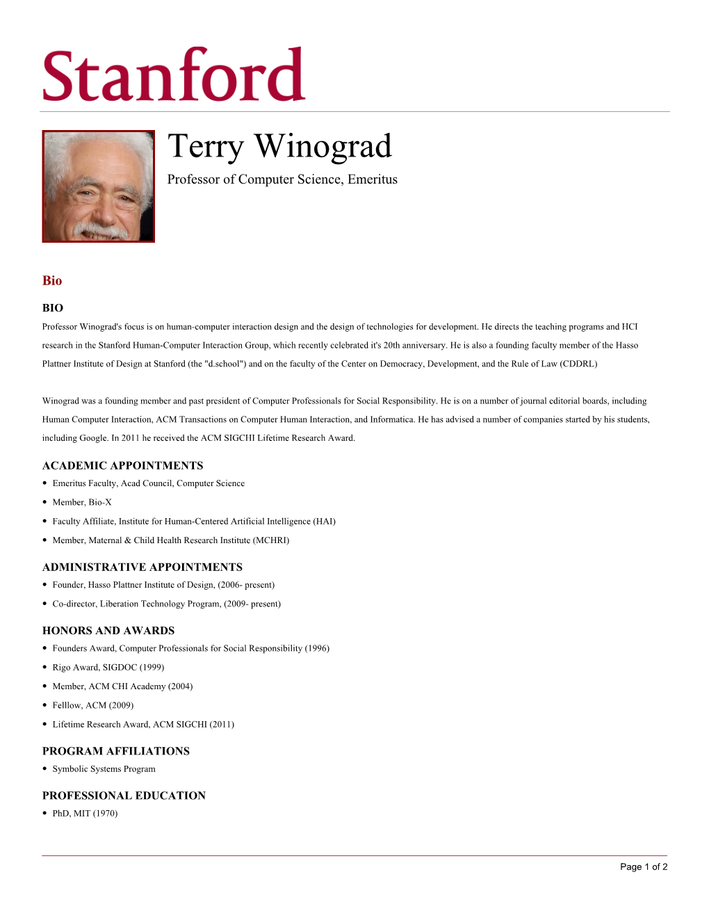 Terry Winograd Professor of Computer Science, Emeritus