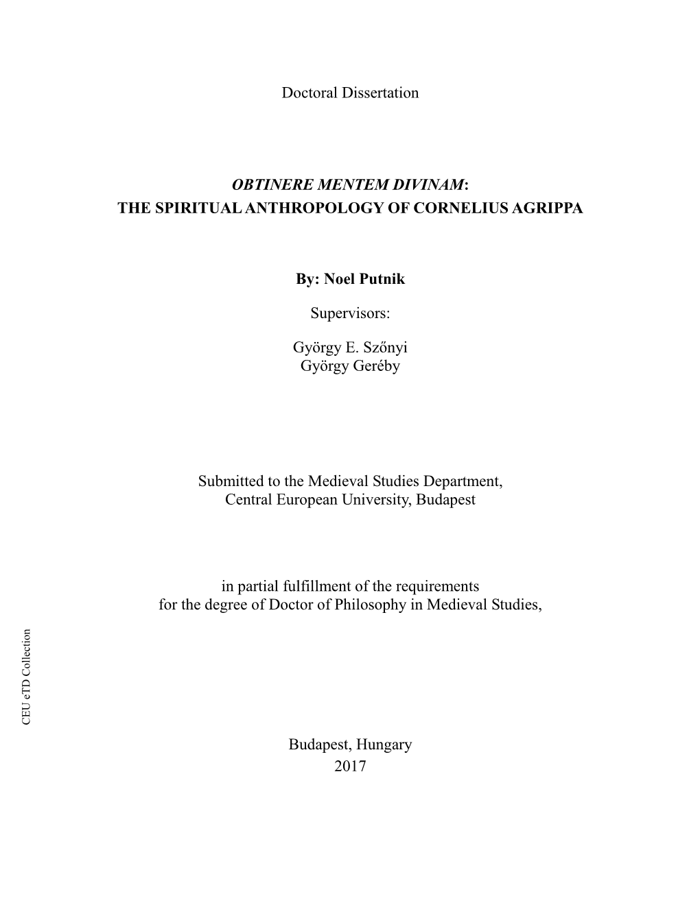 THE SPIRITUAL ANTHROPOLOGY of CORNELIUS AGRIPPA By