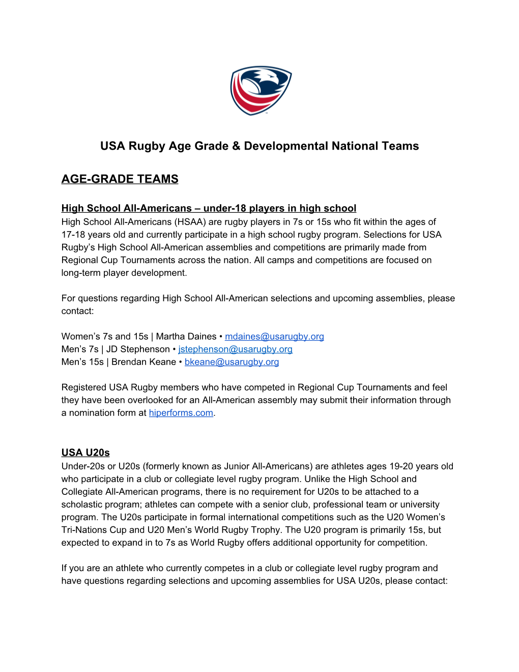 USA Rugby Age Grade & Developmental National Teams AGE-GRADE TEAMS